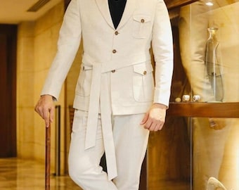 Herren Off White 2-teilige Shooting Safari-Mantelhose, Hochzeitsanzug Revers Perfekter Anzug ... Partykleidungsanzug, Klassischer Anzug Für Vintage Maßanzug