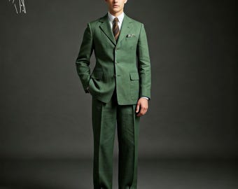 Men's 1930s Style Green Linen Safari Two Piece Suit, Linen Safari Suit , Summer Linen Safari Jacket, Green Linen Suit.