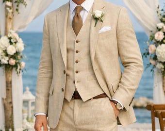 Men's Beige Linen Three-Piece Suit, Vintage Summer Wedding Slim-Fit