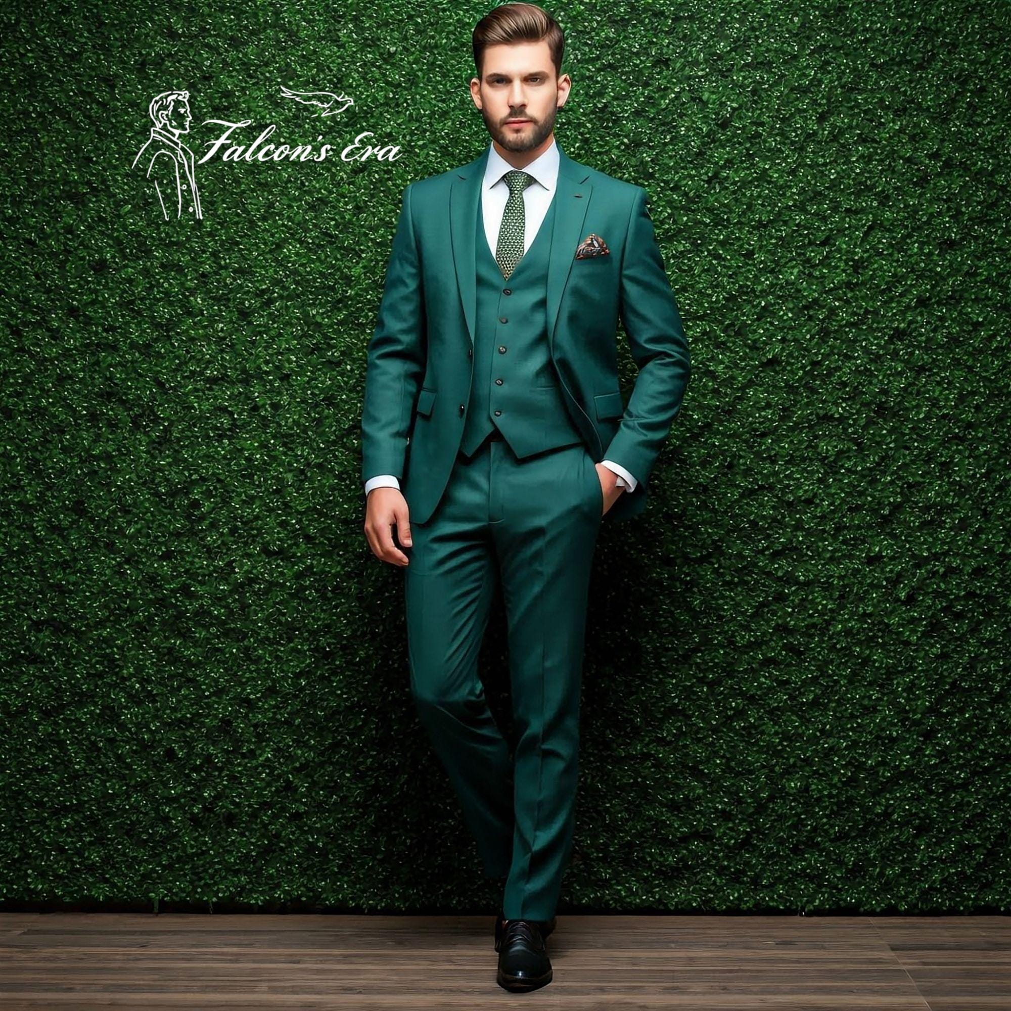 メンズ ダークエメラルドグリーン 3ピーススーツ - 結婚式新郎