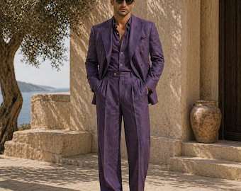 1920s Style Purple Linen Suit, Summer Beach Wedding Two-Piece- Old money Suit.
