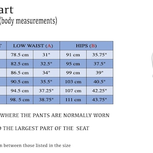 Op de afbeelding: Maattabel voor herenbroeken met metingen in inches en centimeters. De tabel toont de maat, UK/US maat, EU/IT maat, lage taillemeting in inches en centimeters, en heupmeting in inches en centimeters.