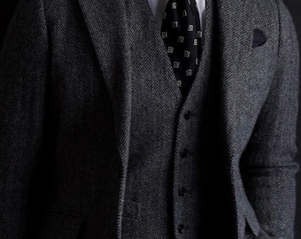 Tweed wollen kostuum in visgraatstijl uit de jaren 1920 - grijs driedelig kostuum
