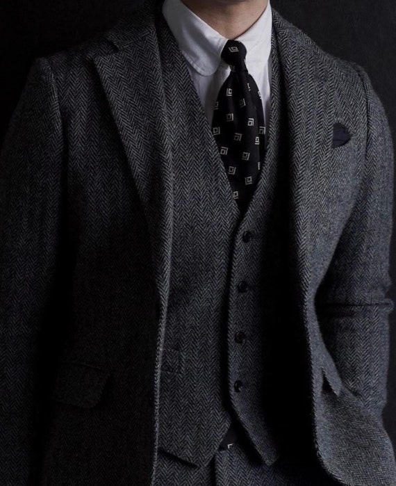 1920s Herringbone Tweed Wool Three Piece Vintage Style Grey Mens Suit for  Men's wool