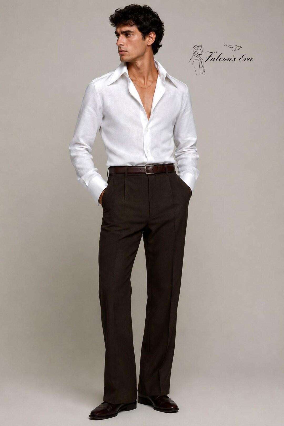 Men's White Linen 70s Wide Collar Shirt - 70s Dress Shirt - Retro