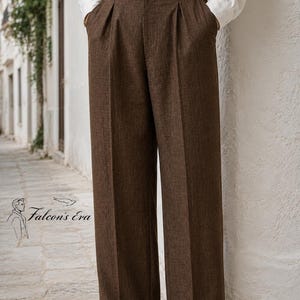 May include: High-waisted brown trousers featuring a wide-leg silhouette, front pleats, and side waist adjusters. The pants are paired with a white long-sleeved shirt and dark brown leather shoes. A logo with the text Falcon's Era is visible.