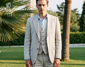 Men's 1920s Beige Linen Three Piece Suit, Summer Linen Suit, Vintage Linen Suit, Old School Linen Suit, Linen Suit Men's.