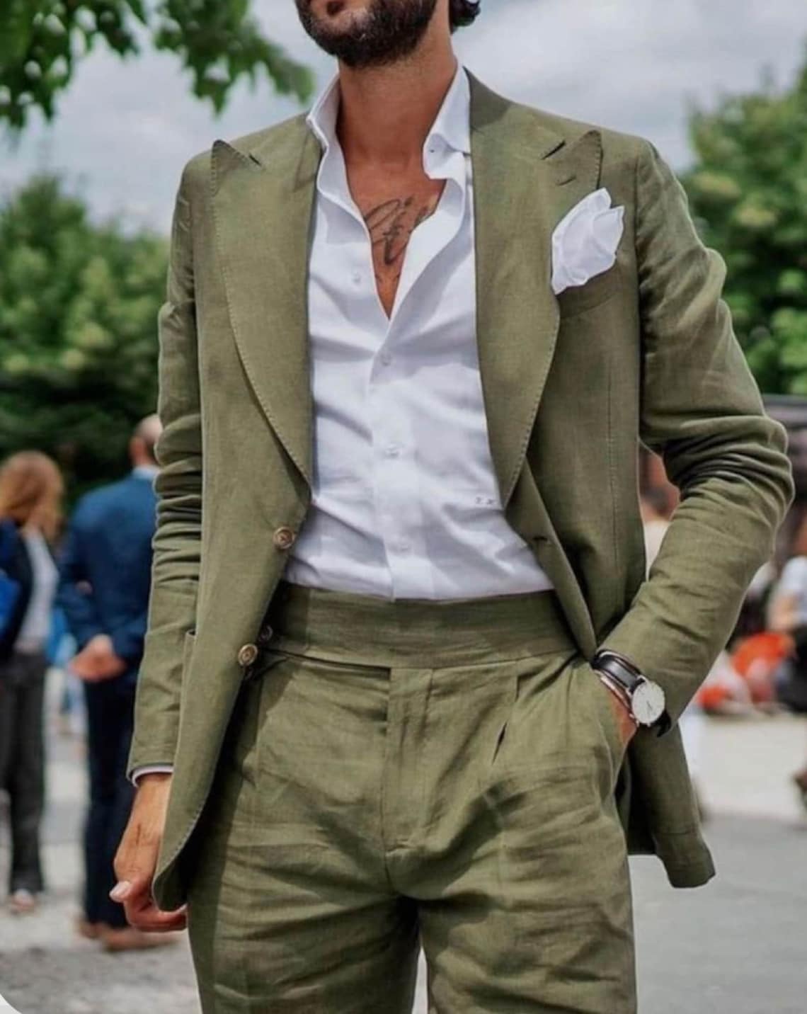 3 Piece Linen Suit - Dark Green Mens Suit - Vested summer Suit main image 0