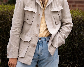 Men's Beige Linen Safari Jacket, Hemp Travel Jacket