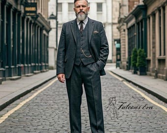 Men's 1940's Vintage Grey Herringbone 3 Piece Suits Regular Fit