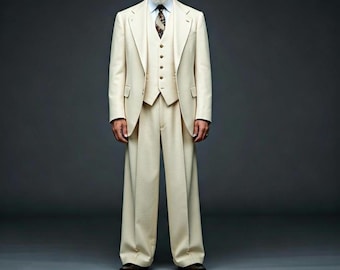 May include: A three-piece cream suit with wide-leg trousers. The suit comprises a blazer, waistcoat, and trousers. The blazer has a notched lapel and the waistcoat has a button-down front. A patterned tie and dark brown shoes complete the ensemble.