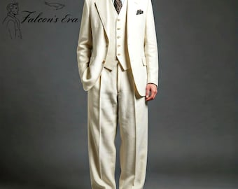Men's 1920s Cream Linen Three Piece Suit, Summer Wedding Suit
