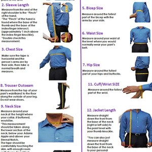 K&ouml;nnte beinhalten: Diagramm, das zeigt, wie man verschiedene K&ouml;rperteile f&uuml;r Kleidung misst, darunter Schulter, &Auml;rmell&auml;nge, Brust, Bauch, Bizeps, Taille, H&uuml;fte, Hosenbeinl&auml;nge, Hals, Oberschenkel, Handgelenk und Jackenl&auml;nge.