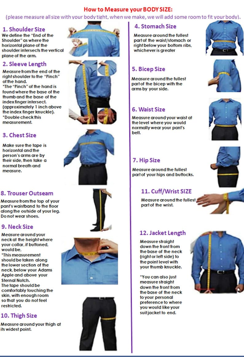 K&ouml;nnte beinhalten: Diagramm, das zeigt, wie man verschiedene K&ouml;rperteile f&uuml;r Kleidung misst, darunter Schulter, &Auml;rmell&auml;nge, Brust, Bauch, Bizeps, Taille, H&uuml;fte, Hosenbeinl&auml;nge, Hals, Oberschenkel, Handgelenk und Jackenl&auml;nge.