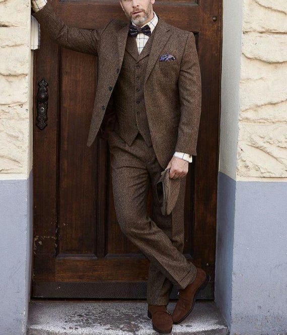 Men's 1920s Brown Wool Suit Piece, Winter Wedding Suit, Tweed