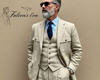 Men's 1920s Beige Linen Three Piece Suit, Summer Linen Suit, Vintage Linen Suit, Old School Linen Suit.