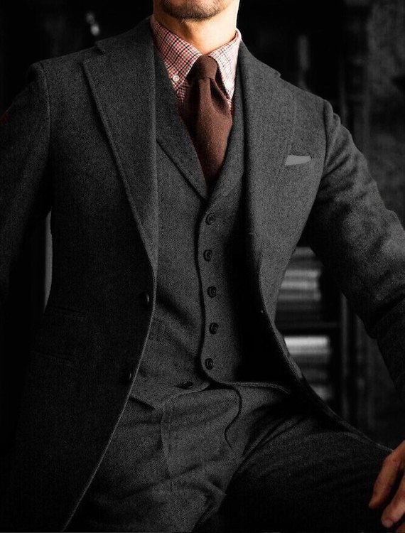 Men's 1920s Retro Black Wool Suit Black Tweed Wool Gentleman Suit, Woolen  piece suit, men's Winter Tweed Wool