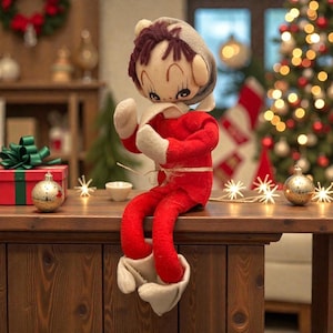 May include: A vintage Christmas elf doll with a red felt suit, white gloves, and boots, and a gray cap. The doll is sitting on a wooden surface, with a Christmas tree and ornaments in the background. A festive holiday decoration.