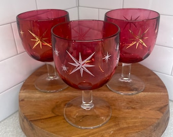 Set of 3 - MCM Cranberry Red Bartlett Collins Thumbprint Atomic Starburst Glass Goblet Replacements