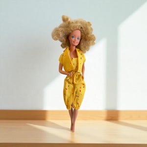 Op de afbeelding: Een vintage pop met blond, krullend haar en blauwe ogen. De pop draagt een gele jumpsuit met een bijpassend jasje, versierd met rode en zwarte confetti-patronen. De pop staat op een houten oppervlak tegen een witte muur.