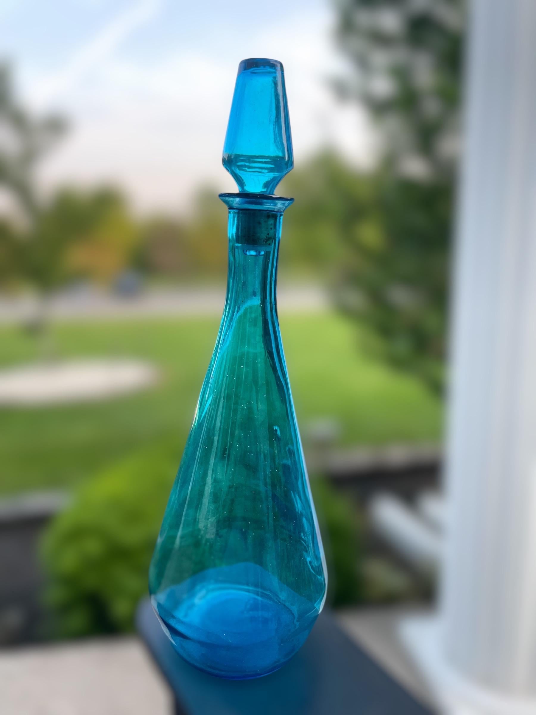 Vintage 1960s Blue Glass Genie Bottle Decanter W/ Stopper - MCM
