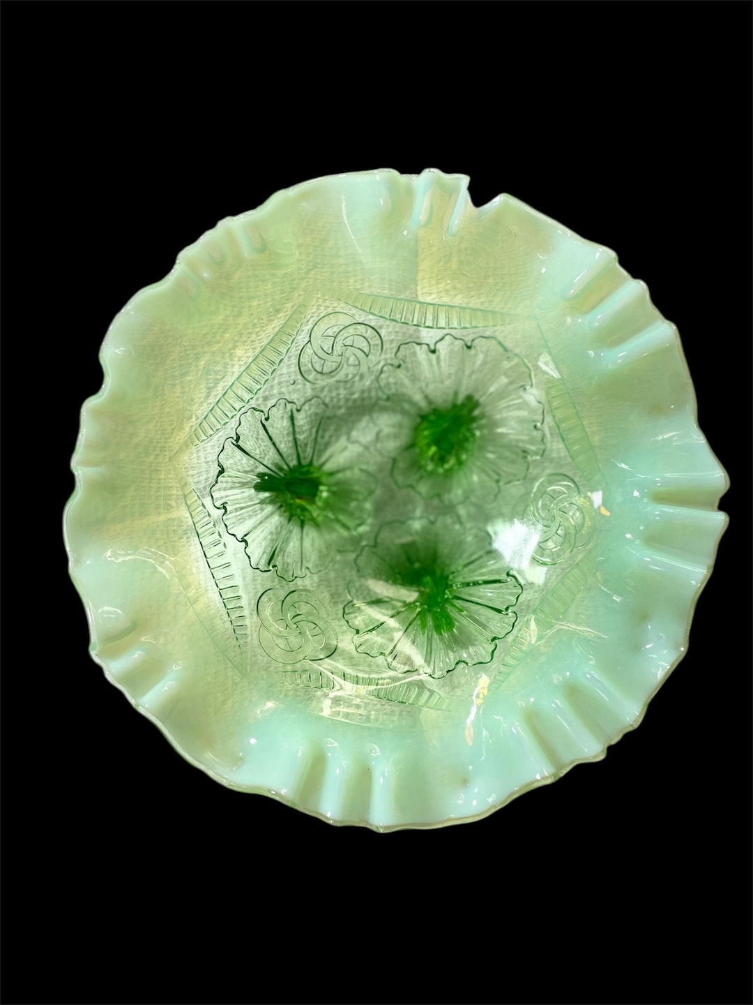 Antique Northwood Glass Tri Footed Ruffle Dish - Opalescent Green ...