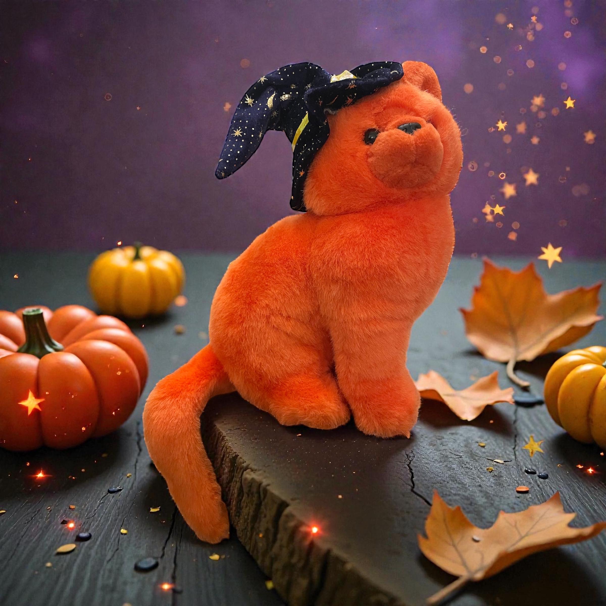 Vintage Caltoy Orange Cat W/ Deep Purple Star Witch Hat Plush Toy