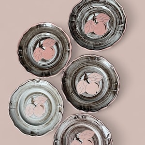 May include: Set of five decorative plates with a rustic, textured design. Each plate features a light brown rim and a central illustration of pink apples with leaves. The plates are arranged on a light pink background.