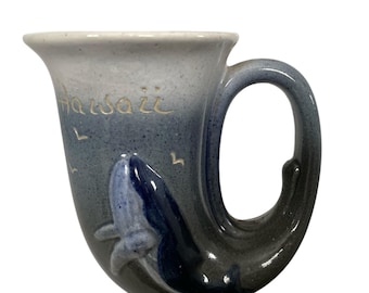 Vintage Horn Shaped Stoneware Hawaii Whale Mug - K & S Hawaii - Handcrafted Retro 80s Pottery