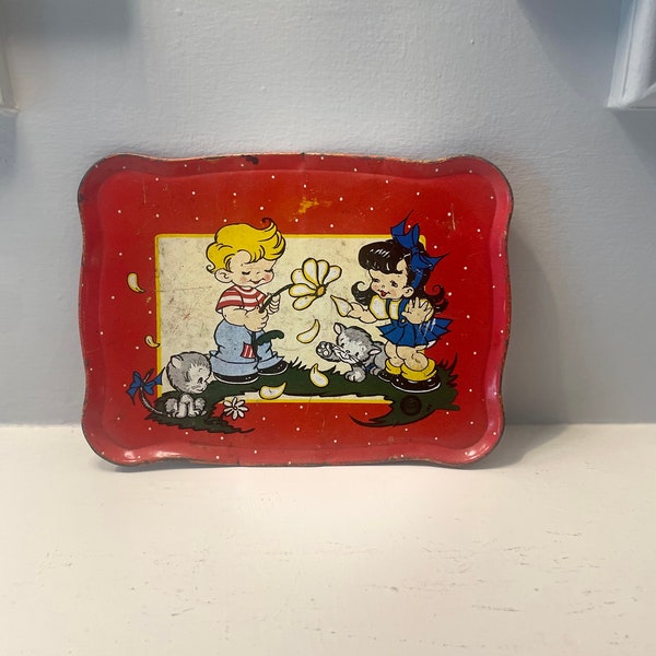 Vintage 1940s Ohio Art Tin Toy Tray - Girl and Boy with Kittens