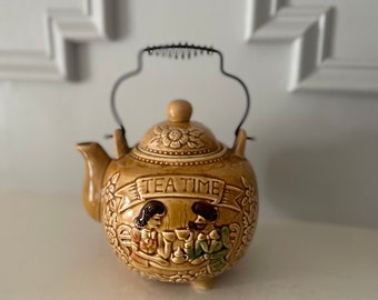 Vintage “Tea Time” Mustard Yellow Teapot - Kitschy 70s Kitchen - Yellow Room Aesthetic