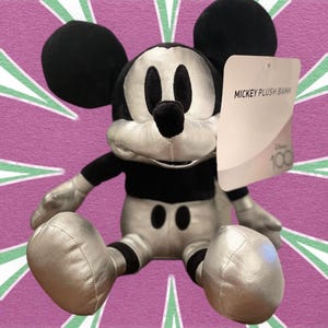 Shiny Silver Mickey Mouse (Disney 100 Years) Plush Toy Coin Bank - Original Tags Attached