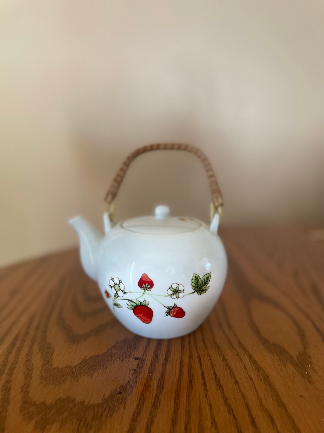 Vintage Small White Teapot Strawberry Design W/ Rattan Handle Etsy