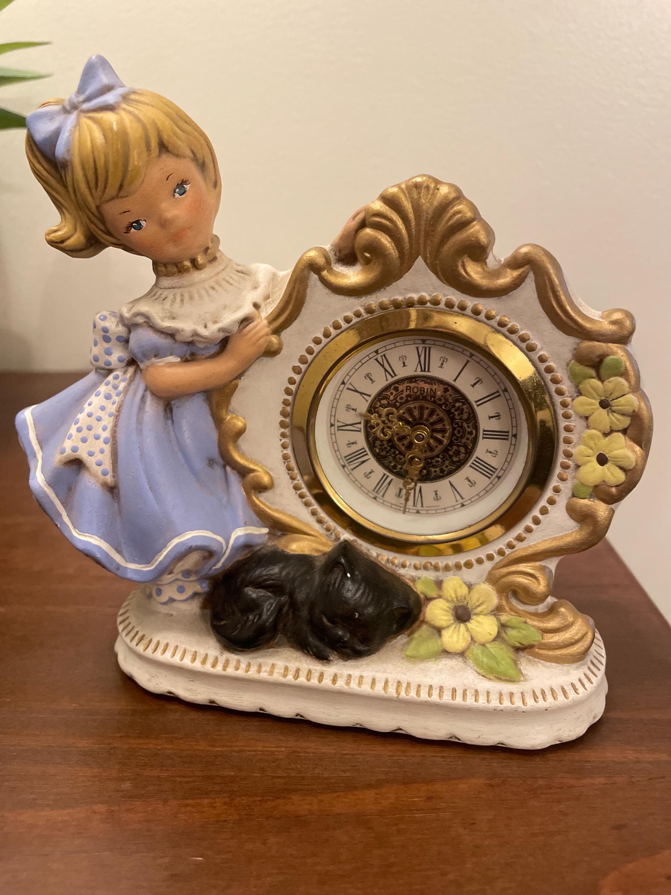 West Germany Kentock Handpainted Girl Cat Mantle Clock - Wind up