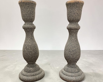 Set of Rustic Textured Gravel Gray Wooden Candlestick Holders - Cozy Cottagecore - Grannycore Home Accent Decor