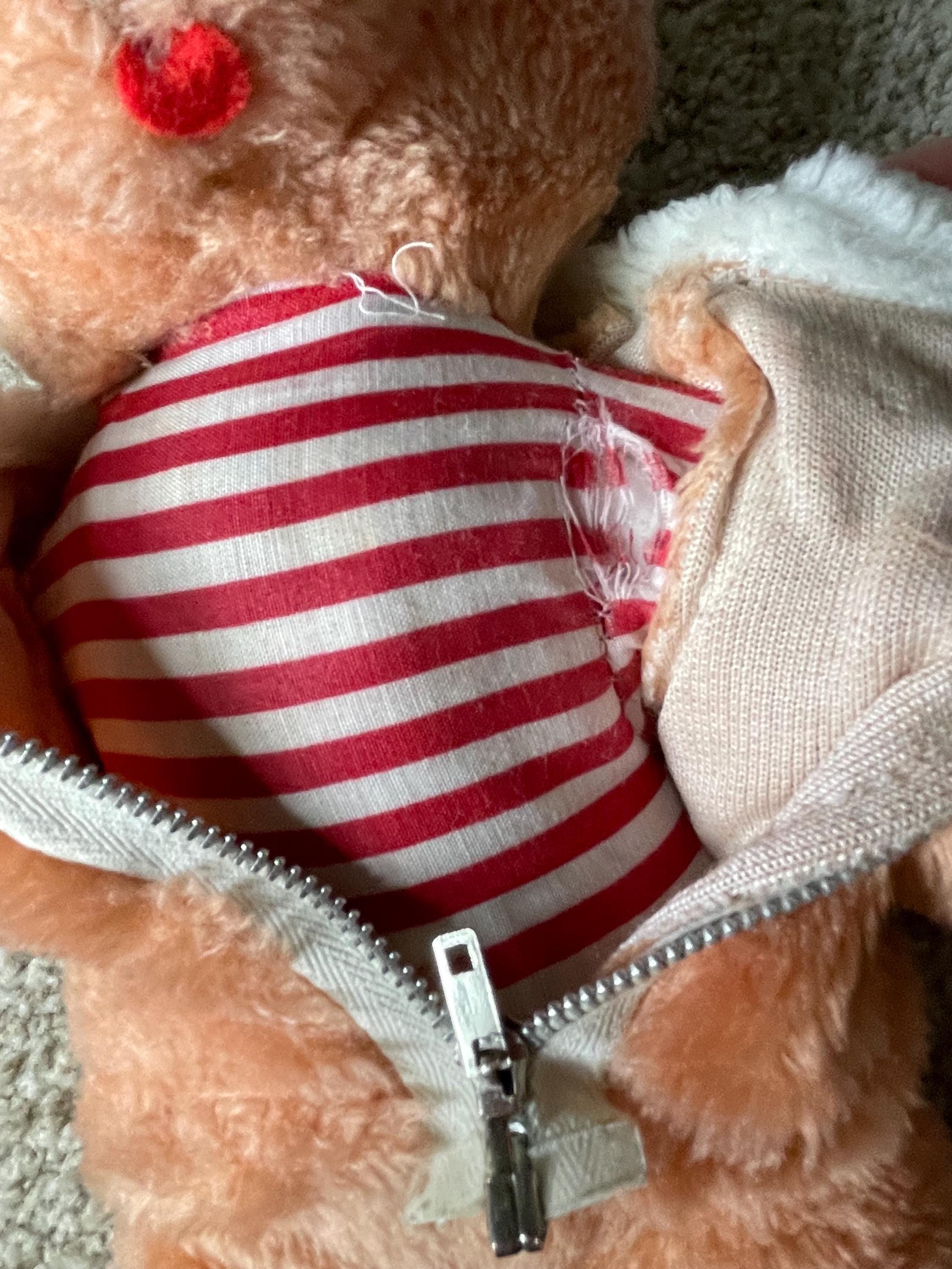 Vintage Stuffed Teddy Bear in Fur Zipper Jacket W/ Red