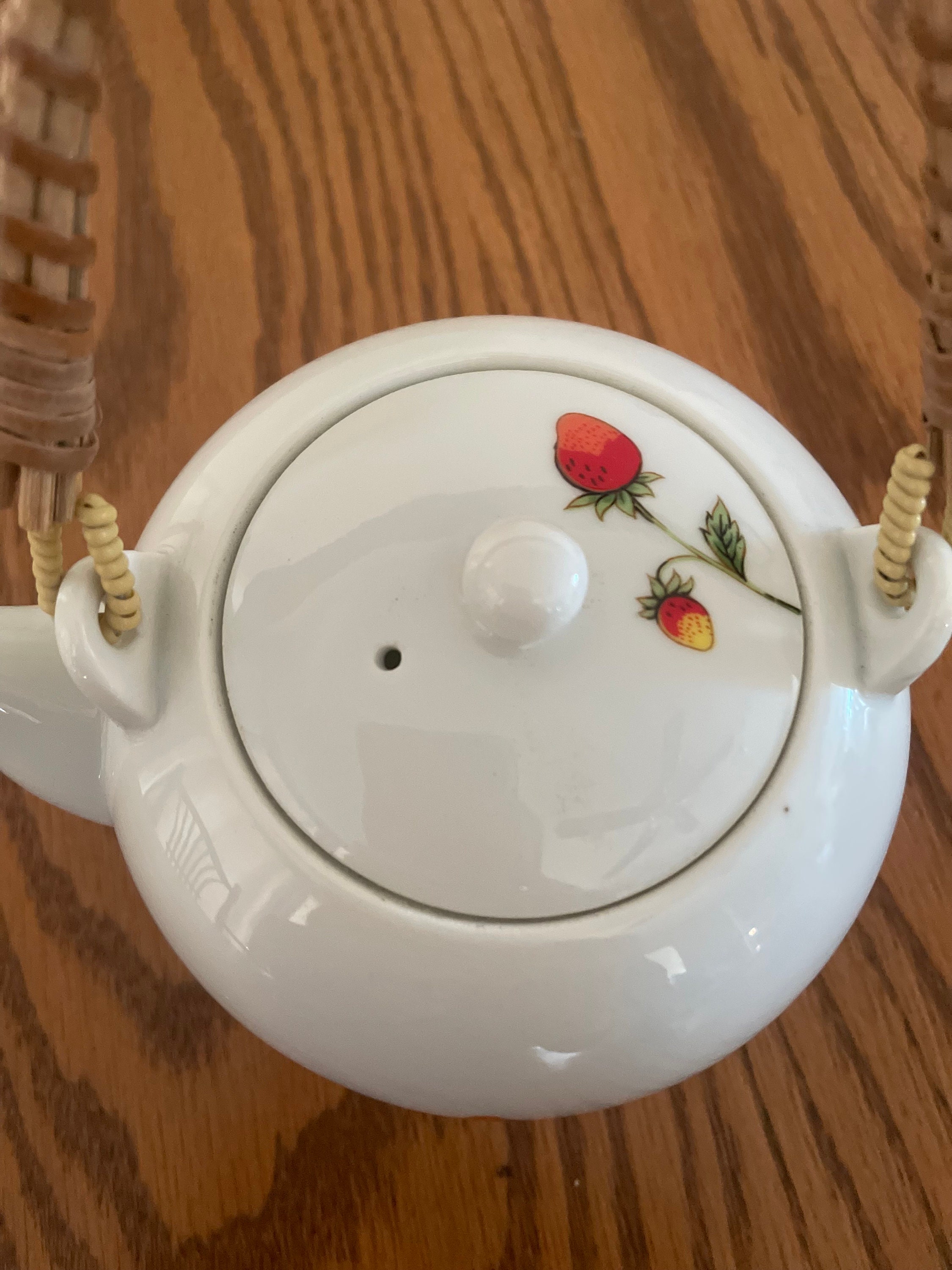Vintage Small White Teapot Strawberry Design W/ Rattan Handle Etsy