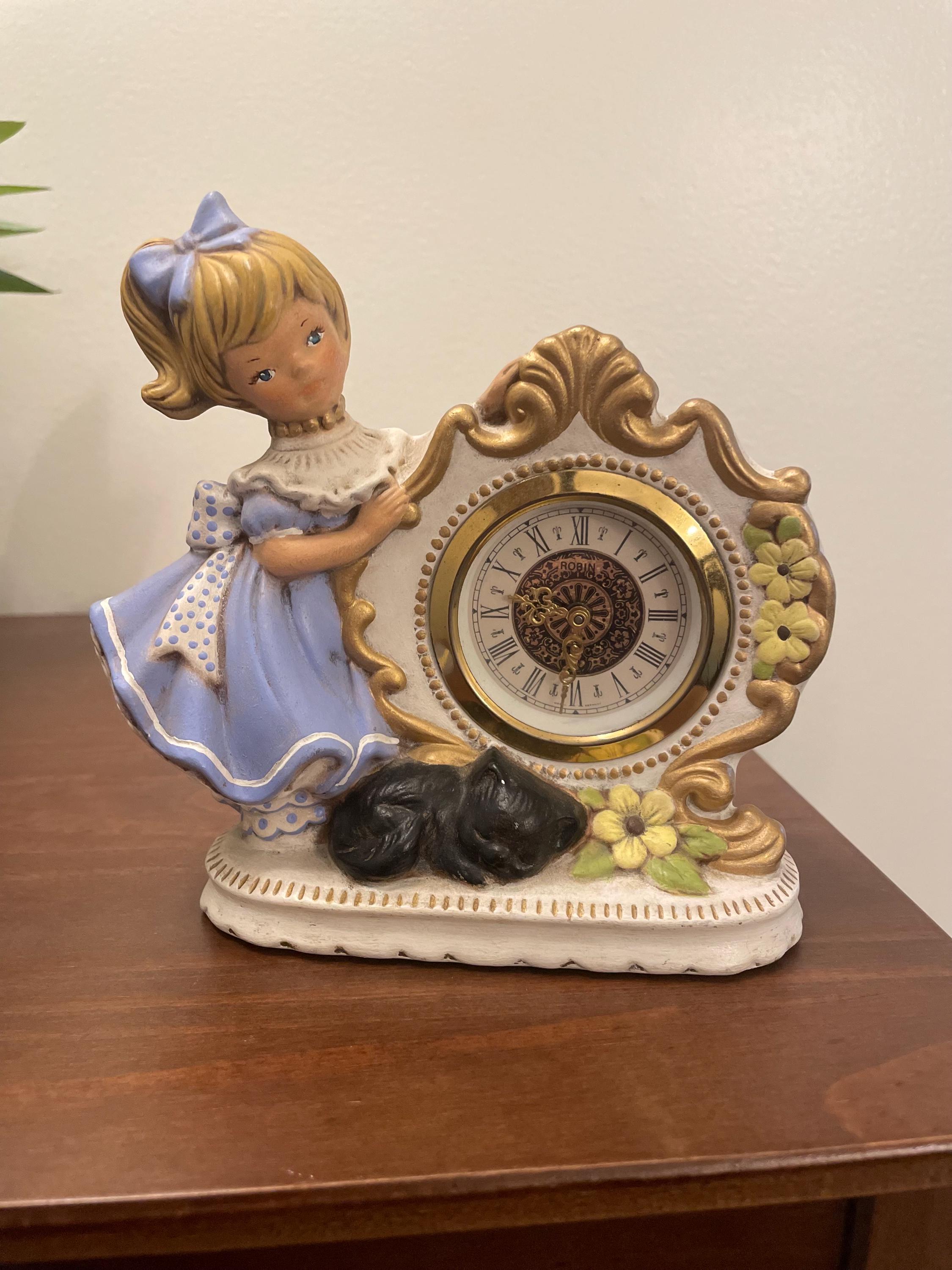 West Germany Kentock Handpainted Girl Cat Mantle Clock - Wind up