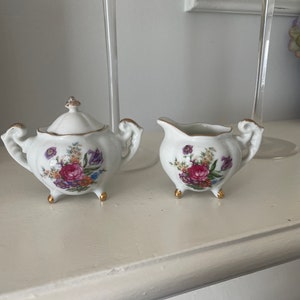 Vintage MCM Mini Footed Creamer and Sugar Bowl Set - Norcrest L-367 - Made in Japan - Floral Pattern Gold Accent