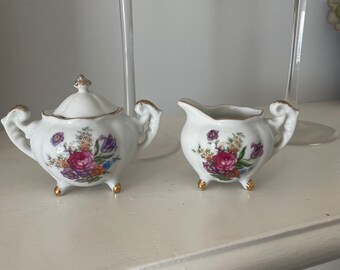 Vintage MCM Mini Footed Creamer and Sugar Bowl Set - Norcrest L-367 - Made in Japan - Floral Pattern Gold Accent