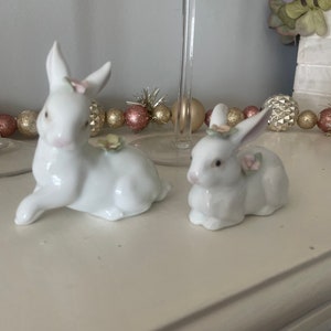 Set of 2 - White Ceramic Rabbit Figurines w/ Floral Accents - Easter/Spring Home Decor