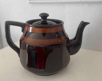 Vintage England Brown Caramel Striped Glazed Teapot w/ Handle