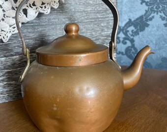 Vintage Rustic Copper Metal Teapot with Wooden Handle -  Primitive Home Decor - Farmhouse Country Kitchen