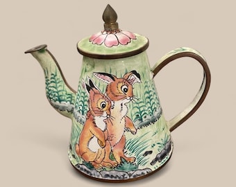 Vintage Mini Enameled Brass Bunny Art Lidded Teapot - Easter Home Decor - Kelvin Chen Brass Art