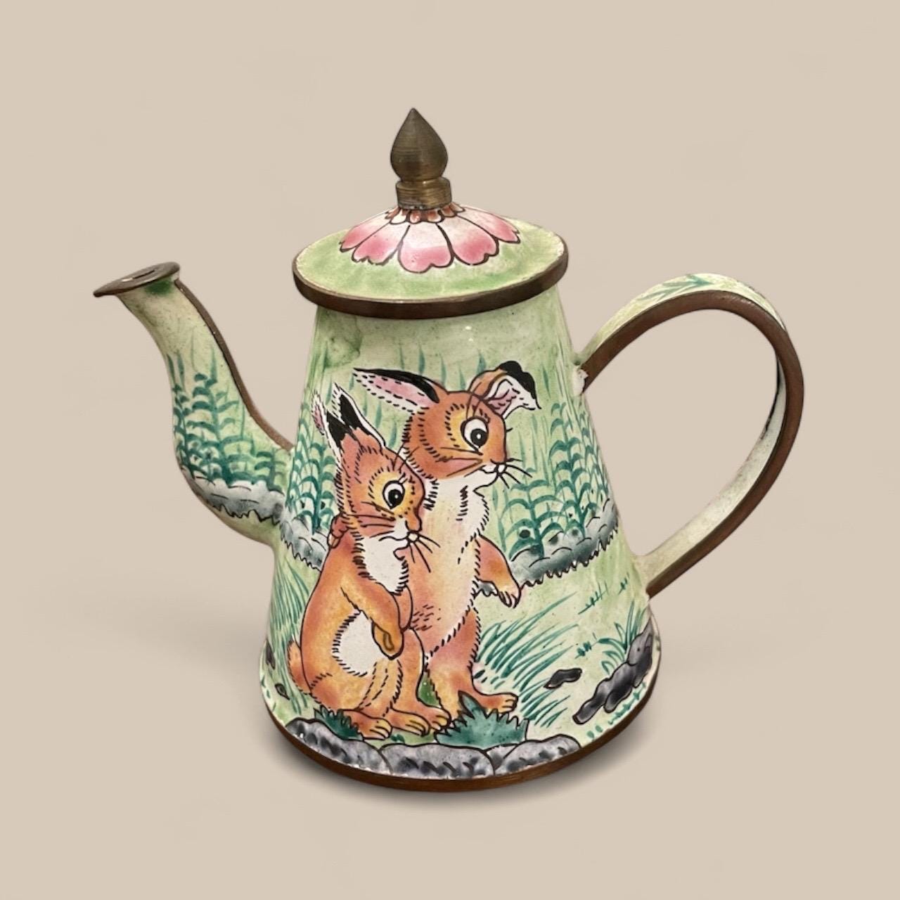 Vintage Mini Enameled Brass Bunny Art Lidded Teapot - Easter Home