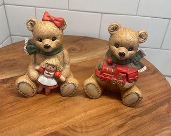 Vintage HOMCO Christmas Porcelain Ceramic Teddy Bear Figurine Set