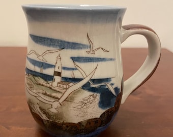 Otagiri MCM Stoneware Lighthouse Seagull Coffee Mug - Beach Lakehouse Home Decor - Vintage Lake Cottagecore