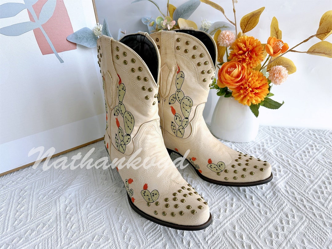 Cactus Cowboy Boots Rivet Embroidery Boots Women Cowboy Etsy