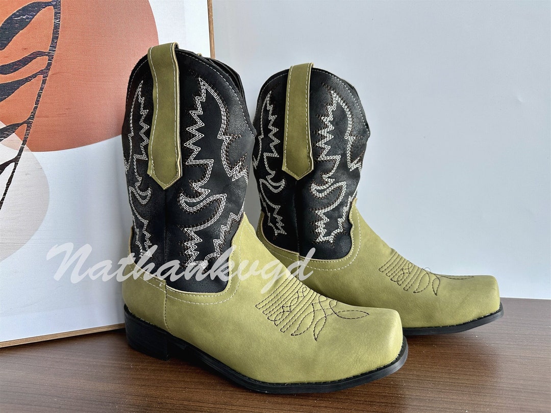 Army Green Cowboy Boots Vintage Embroidered Cowgirl Boots Etsy