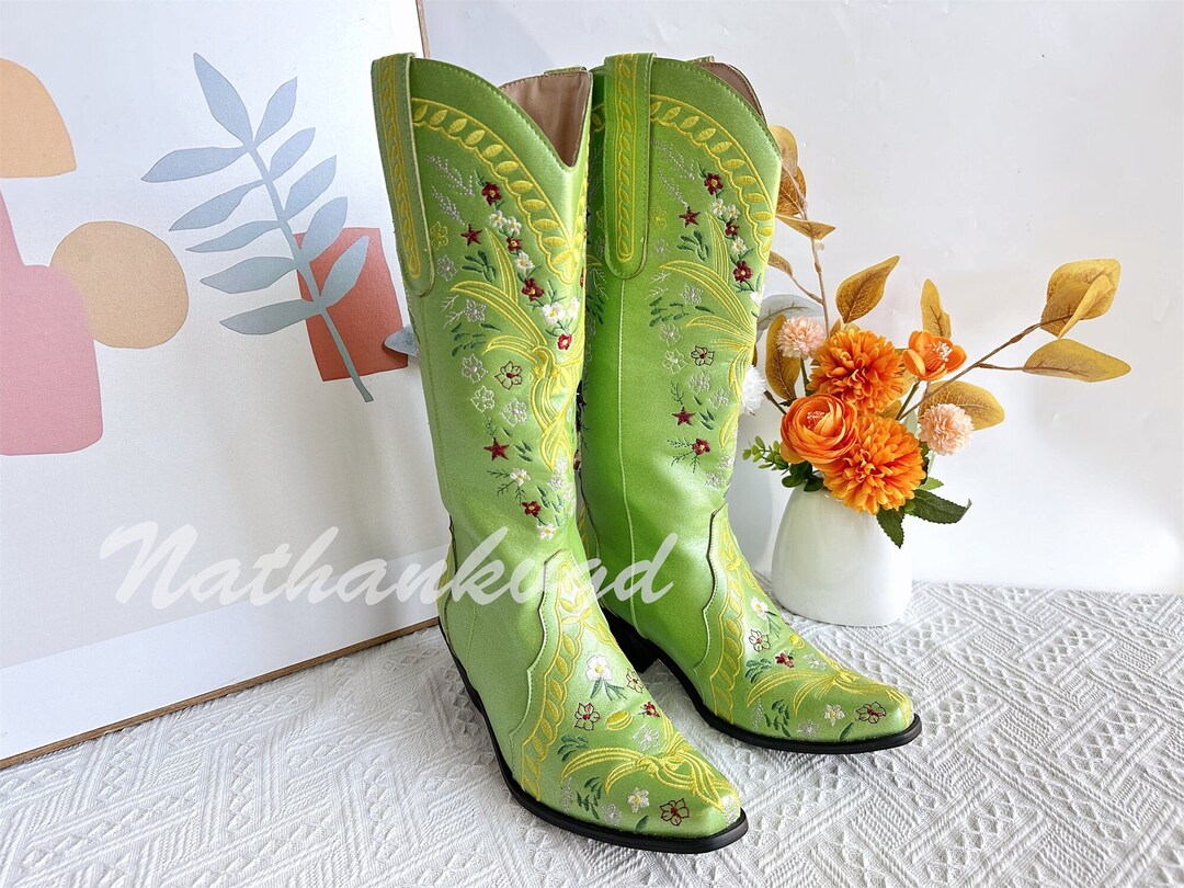Green Cowboy Boots Flowers Embroidery Boots Women Cowboy Etsy